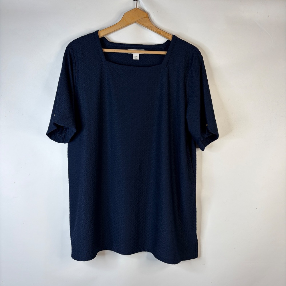 Liz Claiborne Blouse Womens XXL Navy Blue Square Neck Textured Button Tab Sleeve